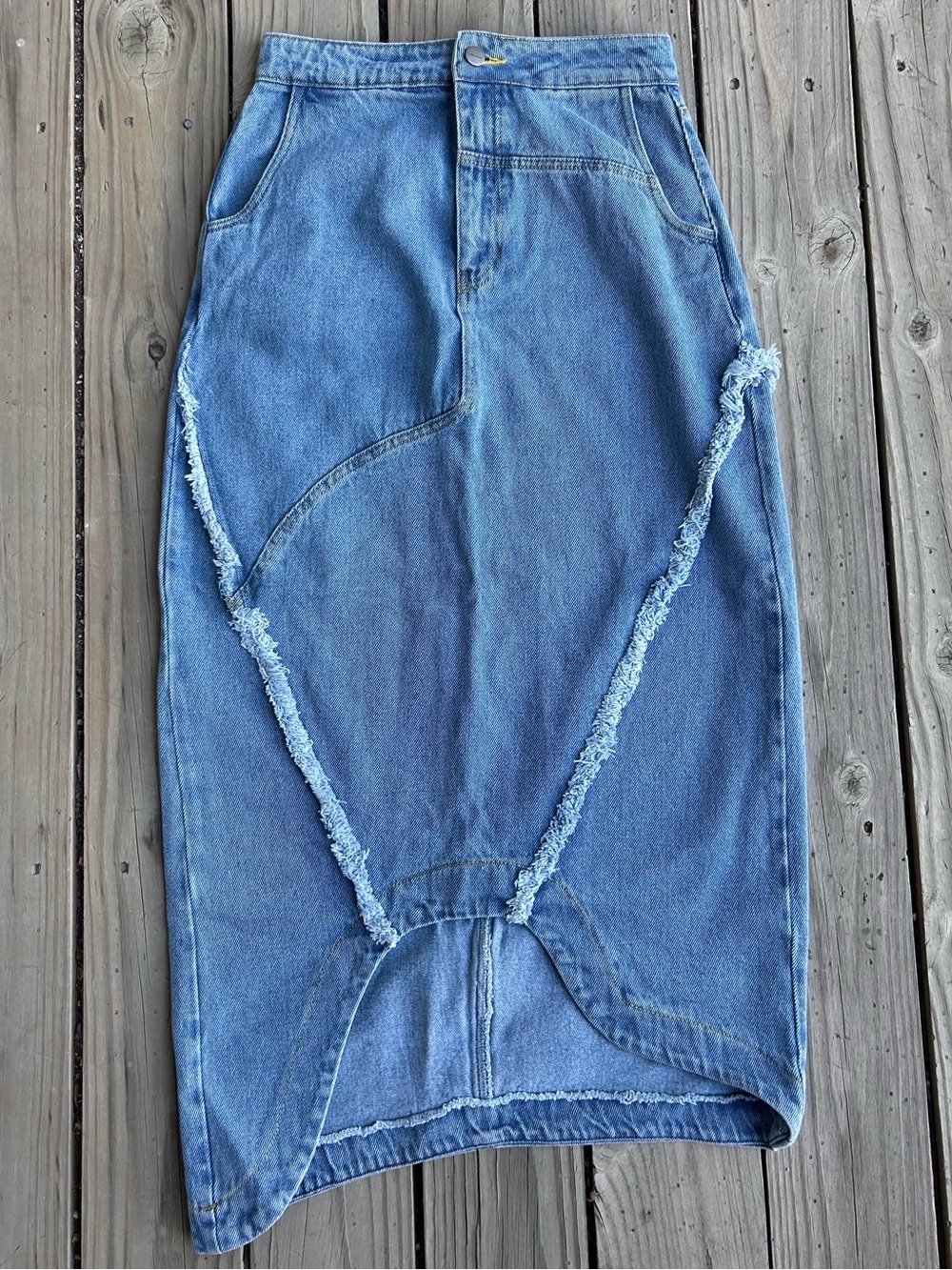 SIXXTA Denim Midi Skirt with Frayed Panel and Asymmetrical Hem